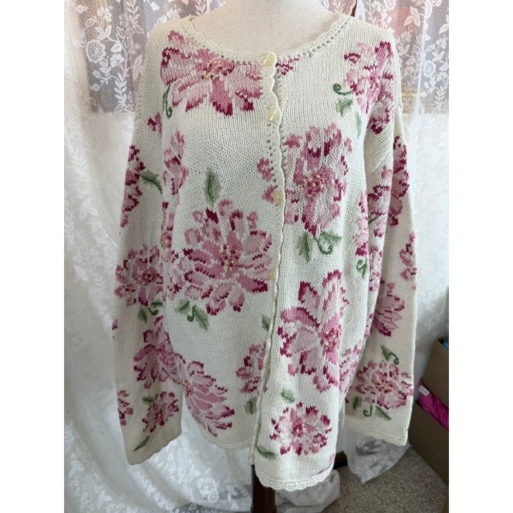 Talbots Hand Knit Floral Cardigan Sweater Pink Cream Linen Cotton Blend XL